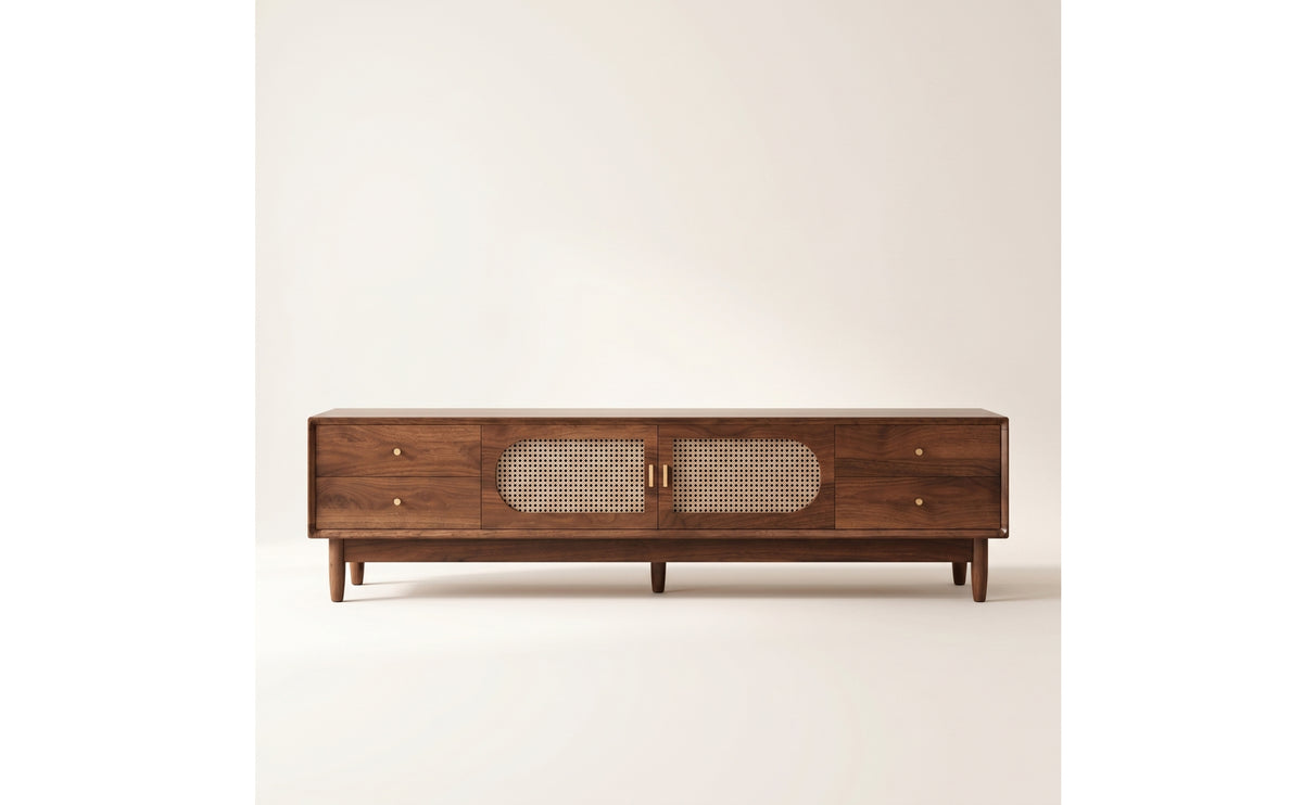 Retro Rattan TV Stand with Doors Low-Height TV Cabinet with Rattan Doors Tapered Wooden Credenza Woven for Living Room, Apartment