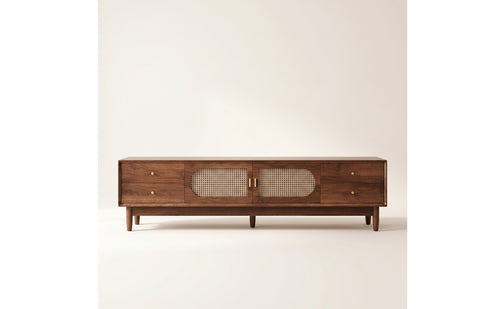 Retro Rattan TV Stand with Doors Low-Height TV Cabinet with Rattan Doors Tapered Wooden Credenza Woven for Living Room, Apartment