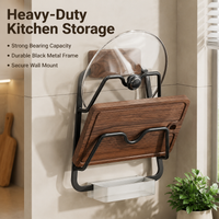 Walnut Wood Pot Lid and Board Rack, Wall Mounted Chopping Board Holder Kitchen Organiser, Dark Brown Oiled Wood Rack with Drainage Tray