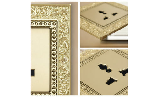 Decorative Socket with Faceplate Vintage Three-Pin Socket Retro Outlet Panel Ornate for Living Room, Bedroom, Hotel, Cafe