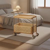 Movable Rattan Trolley Table Easy to Move Rattan Side Table Storage Rack Vintage Bedside Shelf Space-Saving for Living Room