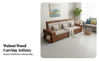 Walnut Wood Carved Sofa Set Double Use Winter Summer Chinese Design Wooden Sofa Mortise and Tenon Joinery Sectional Couch with Storage for Families