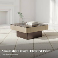 Rectangular Wooden Stand with Drawers Marble Pattern Top Tea Table Minimalist Design Ample Storage Space for Adults, Lounge Area