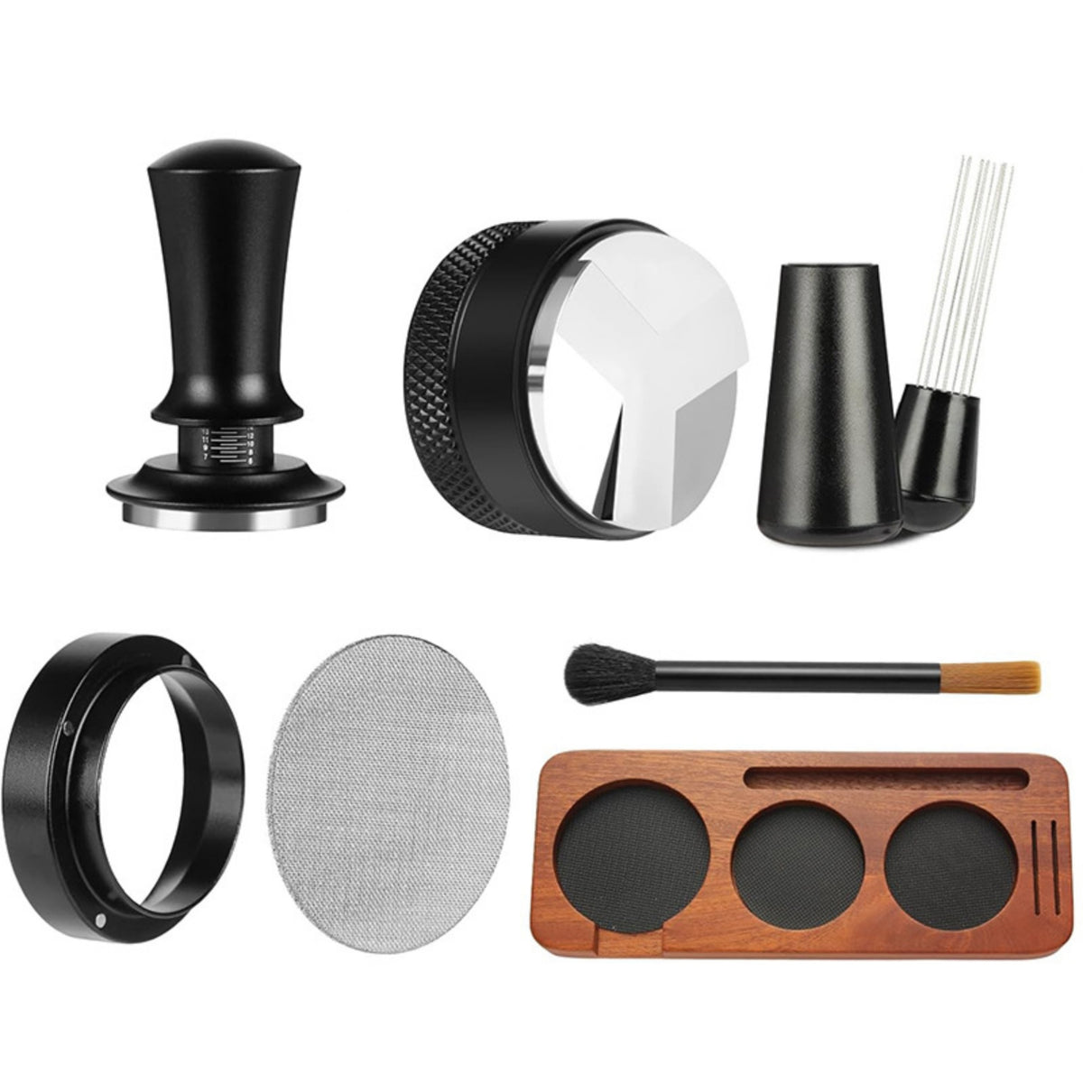 7 Pieces Espresso Tamper Set Knurled Grip Coffee Distributor Kit