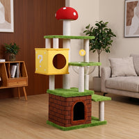 Cat Villa Mushroom Castle Kitten Tree with 4 Scratching Posts, Multi-Level Indoor House and Bed Activity Center for Medium Cats Multi Playground