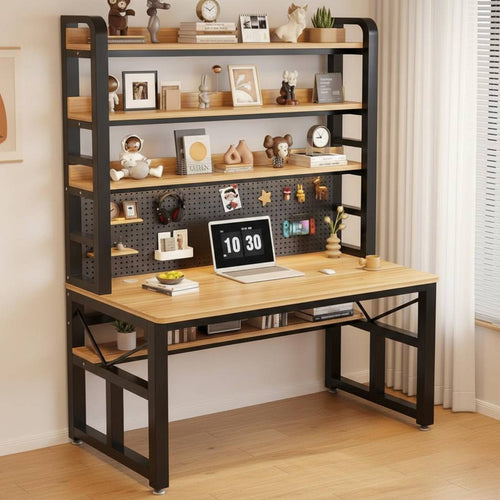 Computer Desk with Pegboard Desk with Hutch Study Desk with Bookshelf Workstation Desk Solid Wood Board Top and Reinforced Steel Frame Suitable for Work Study Gaming Home Office Dorm Room
