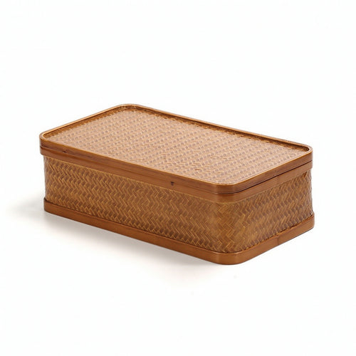 Woven Basket with Handle Handmade Bamboo Storage Basket Portable Woven Bamboo Container with Lid for Tea Service