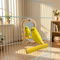 Bird Cage Mirror with Arch Shape and Wooden Perch, Wood Parrot Mirror for Cockatiels and Parakeets, Budgie Mirror for Budgie Cages and Canaries