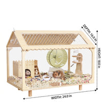 Acrylic Hamster Cage Villa with Mixed Color Wood Landscape and Acrylic Window, Transparent Hamster Cage with Openable Top for Winter Heating Lamp
