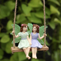 Resin Fairy Garden Hanging Decor Sisterhood Gift Two Fairies on a Swing Figurine Weather Resistant Swinging Sisters Fairy Statue for Gardeners, Patio