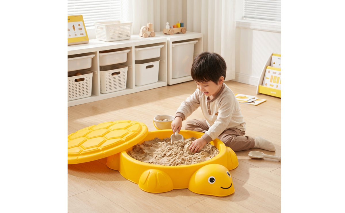 Plastic Turtle Sandbox Textured Play Basin with Lid Large Sandpit Low-Height for Children, Toddlers, Kindergarten, Playroom, Backyard