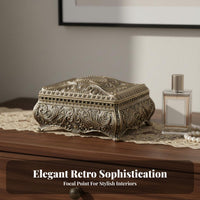 Vintage Metal Jewelry Box Heavy Duty Zinc Alloy Embossed Treasure Chest Velvet Lined Interior Antique Design Trinket Box for Women, Girls