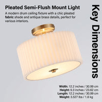 Ceiling Lights with Pleated Textile Shade for Living Room and Bedroom, LED Semi-Flush Mount Fitting for Low Ceilings, Modern Iron Body Design