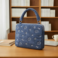 Feline Print Shoulder Laptop Bag Cute Embroidery Feline Print Tote Zipper