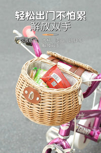儿童自行车复古藤编柳条车篮子手工编织平衡车童车滑板车带盖前筐