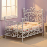 Dollhouse Bed with Mattress 1/12 Scale Miniature Metal Bed Wrought-Iron Style