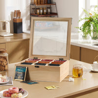 Wooden 9-Compartment Tea Bag and Coffee Capsule Storage Box with Glass Lid
