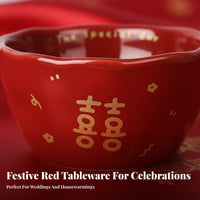 Chinese Red Double Happiness Ceramic Bowls & Plates Set, Wedding, Housewarming, Festive Tableware