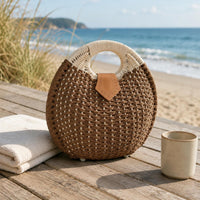 Round Handle Straw Bag Structured Woven Handbag Compact