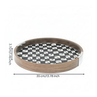 Round Wood Grain Tray Modern Tray with Metal Grips Polished for Living Room