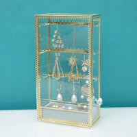 European Style Gold-Trimmed Transparent Glass Jewelry Box for Earrings, Rings, Necklaces, Princess Jewelry Display Stand