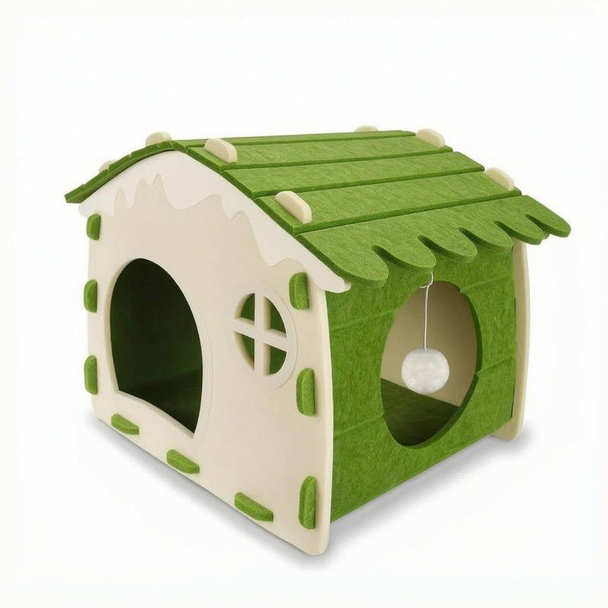 Semi-Enclosed Felt Cat House Two-wayEntry Cat Hideaway with Toy Indoor Kitty Hut Cozy for Apartment