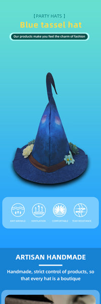 Halloween Witch Hat with Cartoon Pattern, Polyester, Blue