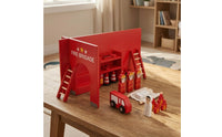 Wooden Fire Station Set Painted Fire Assist Toy Scene Bright Red Firefighter Figure Set for Kids