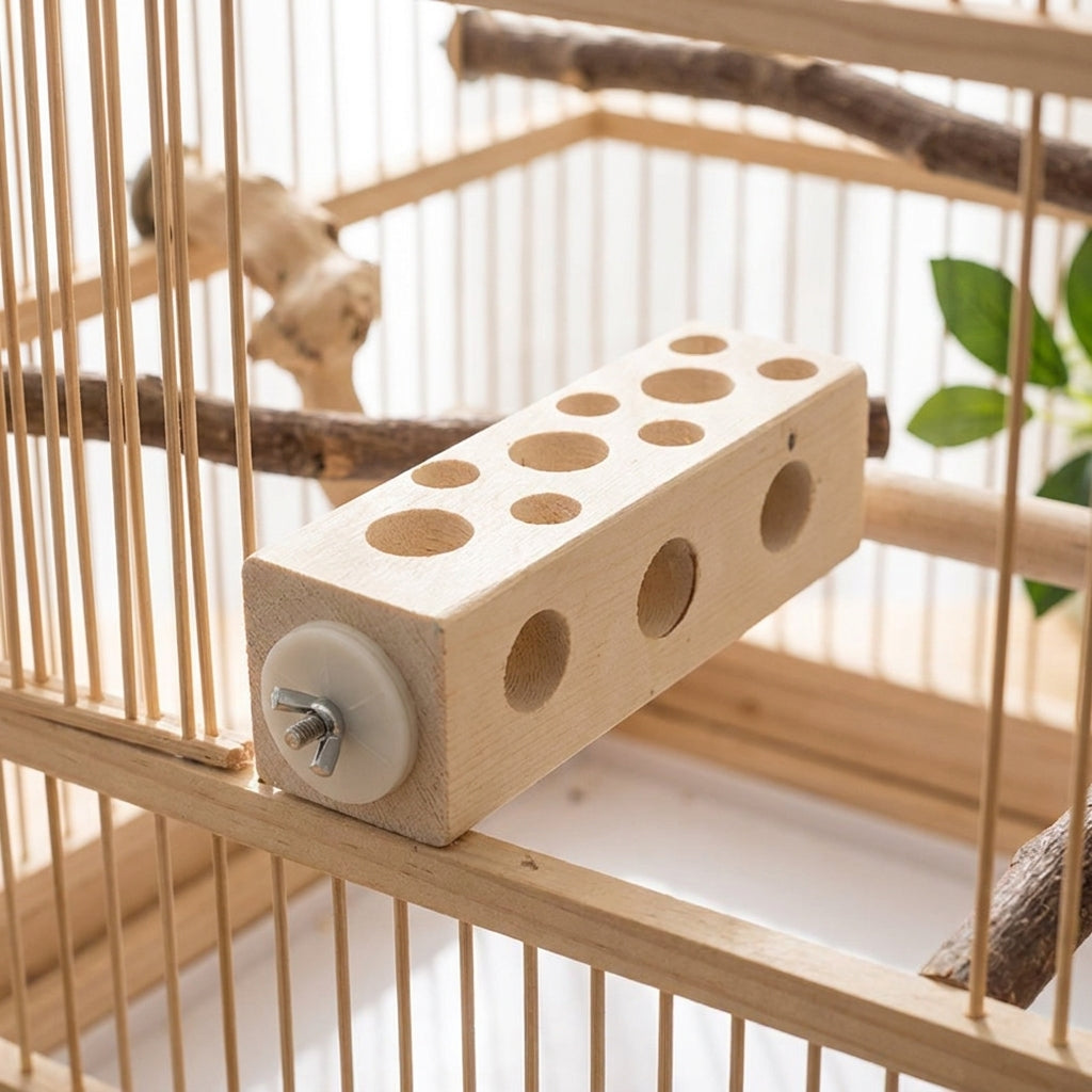 Parrot Gnaw Toy Perch with Perforated Wooden Blocks, Wooden Avian Chewing Toy for Parrot Enrichment, Bird Cage Accessory