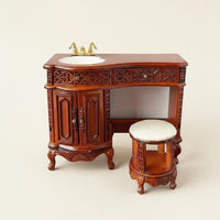 1:12 Scale Vanity and Stool Collectible Model Wooden Dollhouse Washstand Set Realistic Design Carved Dollhouse Vanity for Collectors