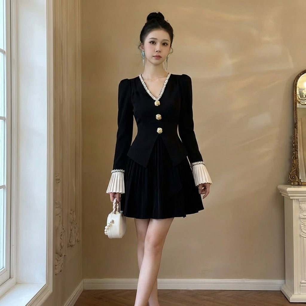 Flared Dress with Pleated Cuffs Soft Material Long Sleeve Black Dress Lined for Fashion Enthusiasts, Young Adults, Party, Cocktail Events