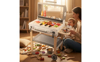 Wooden Play Grill Cart Rolling Kids Grill Playset Compact Pretend Play Barbecue for Young Children