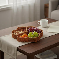 Woven Divided Serving Tray Rustic Style Fruit and Snack Serving Tray Hollow-out Design Flower Shaped Snack Basket for Living Room, Tabletop, Party
