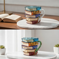 Stacked Book Mug Carved Book Stack Mug Faceted Decorative Cup for Readers, Librarians, Bookshelf, Study, Desk