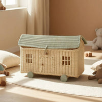 House Basket with Wheels Handwoven Rattan Storage Wagon Wheeled Rolling Storage Basket for Young Children, Parents, Playroom, Nursery, Photo Setting