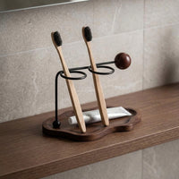 Toothbrush Holder with Wood Base | Minimalist, Modern, Metal Frame Toothbrush Stand, for washroom Countertop