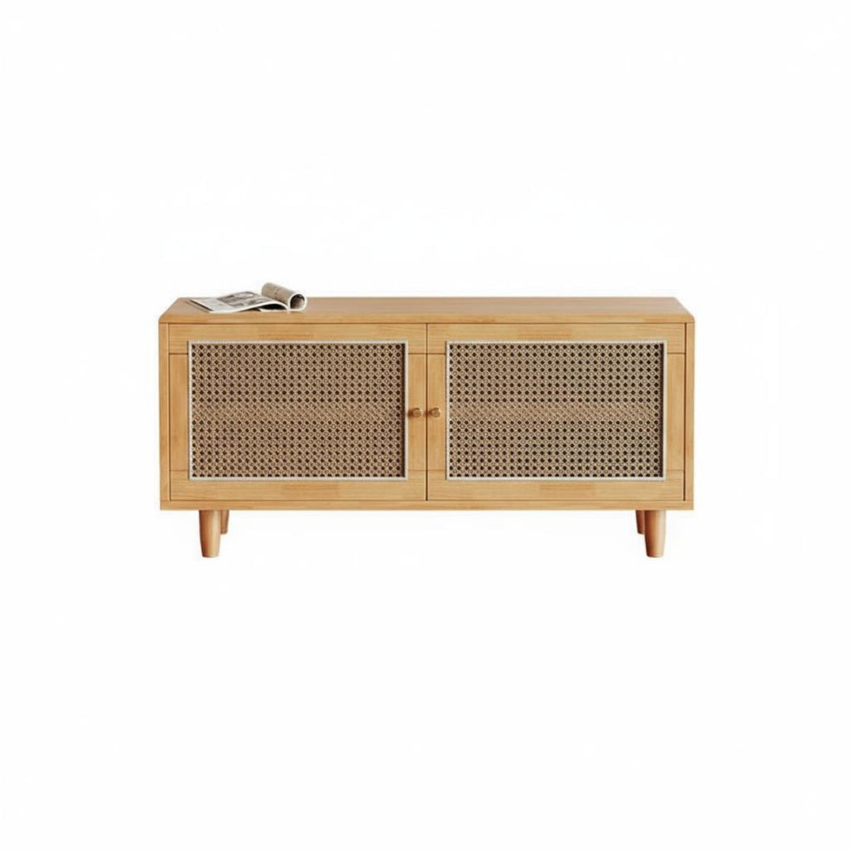 Solid Wood Rattan Shoe Storage Bench Breathable Shoe Changing Stool with Cabinet Easy Assembly Padded Seat for Mudroom