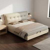 Cream Leather Tufted Bed Light Luxury Style Modern Leather Bed Frame Solid Wood Slat Base Bedroom Furniture for Couples, Small Apartment