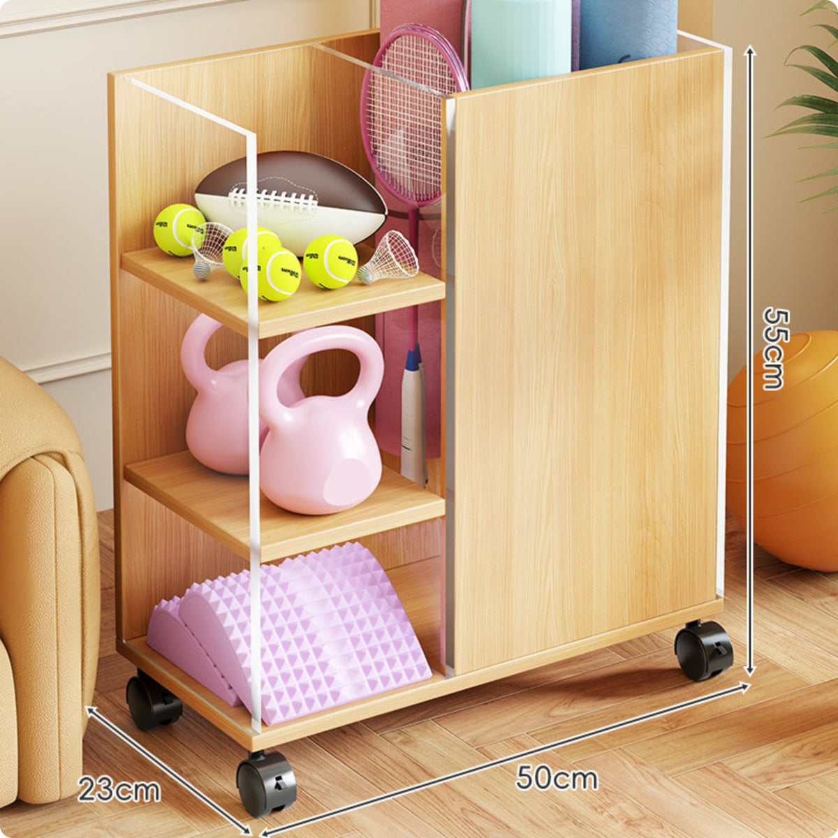 Sports Storage Cabinet Uncovered Shelves Mobile Storage Cabinet Rolling Organizer Compact Easy Reach for Gym
