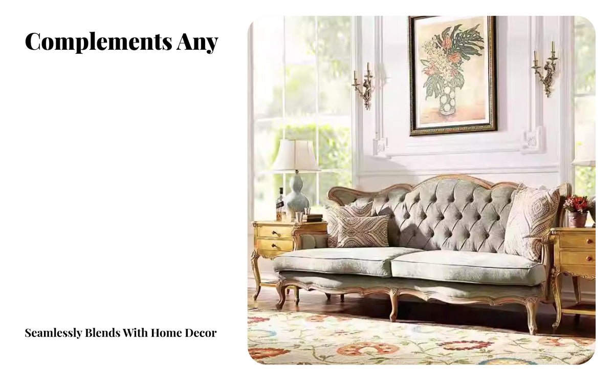 French Country design Upholstered Wooden Frame Settee Vintage Design 2-Person Loveseat Elegant Aesthetic Sofa Plush paddings for Homeowners, Interior Decorators, Villa, Lounge, Hotel Lobby, Bedroom