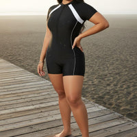 Single Piece Sun Protection Top Stretchy Material Zip Front Bathing Suit Contrast Panels Single-Piece Aquatic Romper Built-In