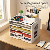 5-Tier Desktop File Organizer with Pen Holder, Stackable Desk Storage for Office, Multi-Layer Work Station for Students