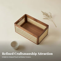 Japanese aesthetic Wood Frame Woven container Vintage Design Wood Frame Woven Crate Handwoven Organizer Box multi-use for Makeup Users, Office Workers, vanity Top, Bedroom, Living Room, Bathroom
