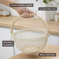 Kitchen Storage Basket with Wooden Handle for Fruits and Eggs, Metal Wire Frame with Rolled Edge Design, Hanging for Cupboards
