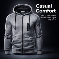 Men's Fleece Sweatshirt with Closure Jacket with Seam Insert Pockets for Casual Wear and Everyday Use, Regular Fit Polyester Hoodie for Young Adults