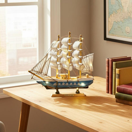Mediterranean Design Ship Decor Artisanal Wooden Sailboat Model for Office