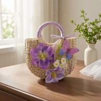 Woven Straw Handbag Floral Decoration Women's Accessory Structured