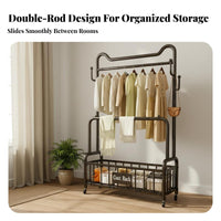 Large Capacity Rolling Clothes Rack with Wheels Stable & Sturdy Rolling Clothes Rack Space Saving Double Rod Garment Stand with Basket Easy Assembly for Homeowners, Families, Bedroom, Laundry Room, Entryway, Walk-in Closet