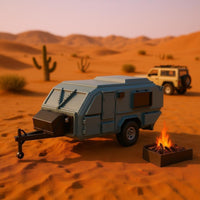 Blue-Gray Rugged-Road Travel Trailer Caravan Model Angular Body Miniature Caravan Model Single Axle Molded Panel Lines