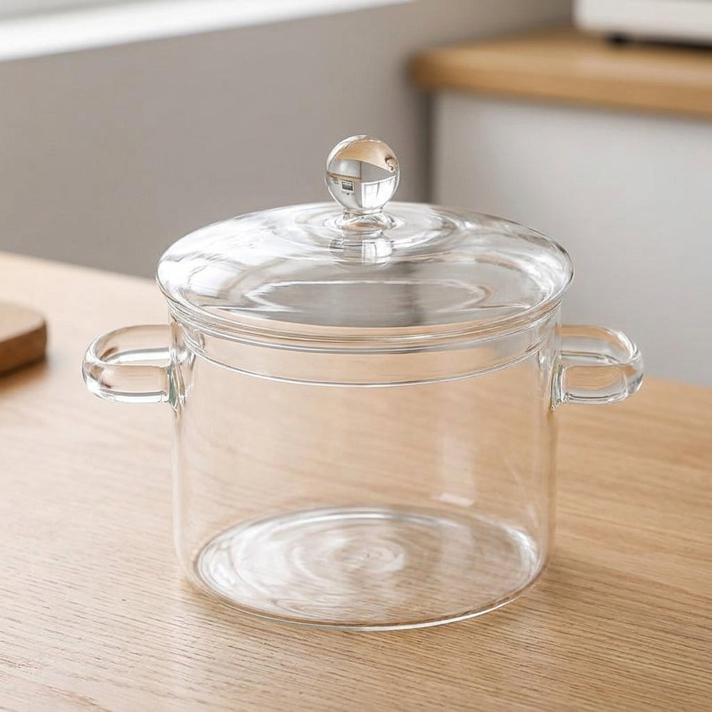 Baby Food and Instant Noodles Soup Pot, Clear Glass Cooking Pot with Saucepan Lid, High Borosilicate Glass Stew Pot, Double Handle Milk Tea Pan
